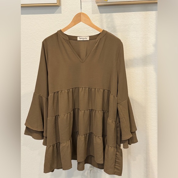 Impressions Tops - Impressions Brown Tiered Babydoll Tunic Dress Bell Sleeve Size XL NWOT
